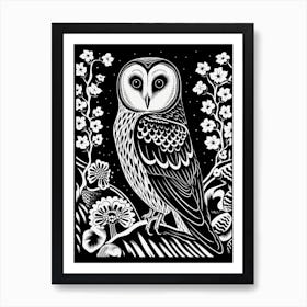 B&W Bird Linocut Barn Owl 2 Art Print