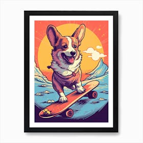 Pembroke Welsh Corgi Dog Skateboarding Illustration 1 Art Print