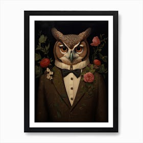 Owl Portrait With Rustic Flowers 3 Art Print