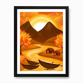 Autumn Landscape With Boats 1 Art Print