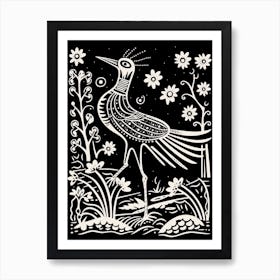 B&W Bird Linocut Roadrunner 2 Art Print