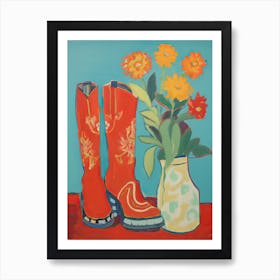 Painting Of Orange Flowers And Cowboy Boots, Oil Style 1 Art Print