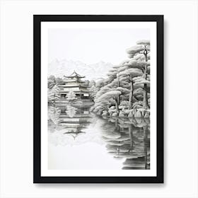 Kinkaku Ji (Golden Pavilion) In Kyoto, Ukiyo E Black And White Line Art Drawing 3 Art Print