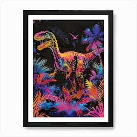 Neon T Rex In The Leaves Art Print