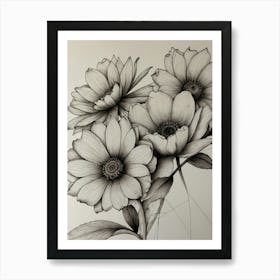 Black And White Drawing Of Flowers Art Print