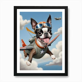 Boston Terrier Flying Airplane-Reimagined Art Print