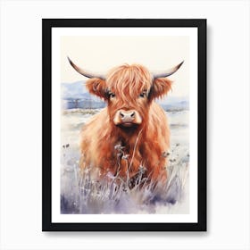 Chesnut And Lilac Watercolour Illustration Of Highland Cow Art Print