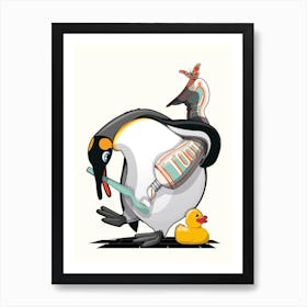 Penguin Brushing Teeth in Bathroom Art Print