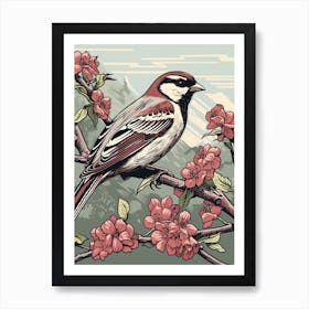 Vintage Bird Linocut House Sparrow 2 Art Print