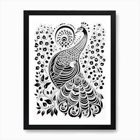 B&W Bird Linocut Peacock 1 Art Print