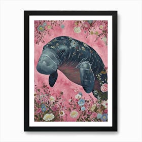 Floral Animal Painting Manatee 2 Art Print