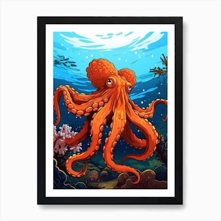 Octopus Theme Signed 4-Inch Linoleum Block Print - Octopus