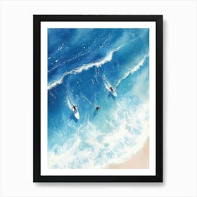 Abstract Aerial View Watercolour Painting Of Surfers In The Sea Art Print