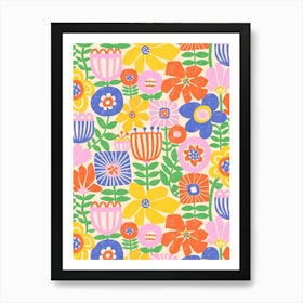 Paper Flowers Collage Colorful Pink Orange Yellow Blue Green White Art Print