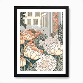 Courtyard With Peonies Orange And Pink 1 Drawing Art Print