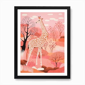Giraffe In The Nature With Trees Pink 7 Art Print