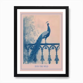 Cyanotype Inspired Peacock Resting On A Handrail 1 Poster Art Print