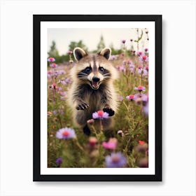 Cute Funny Barbados Raccoon Running On A Field Wild 2 Art Print