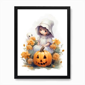 Cute Ghost With Pumpkins Halloween Watercolour 46 Art Print