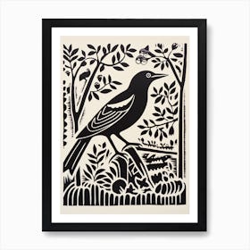 B&W Bird Linocut Magpie 2 Art Print