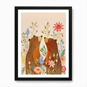 Folksy Floral Animal Drawing Bear 6 Art Print