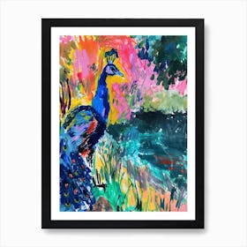 Peacock By The Pond Wild Brushstrokes 1 Art Print