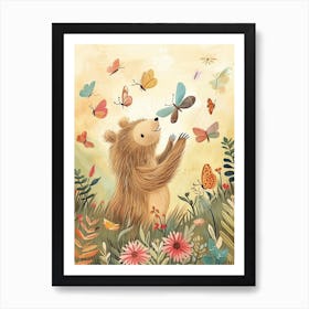 Sloth Bear Cub Playing With Butterflies Storybook Illustration 4 Art Print