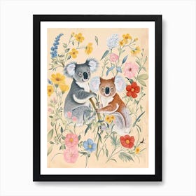 Folksy Floral Animal Drawing Koala Art Print