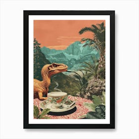 Dinosaur Drinking Coffee Retro Collage 2 Art Print