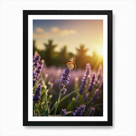 Butterfly In Lavender Field At Sunset Art Print