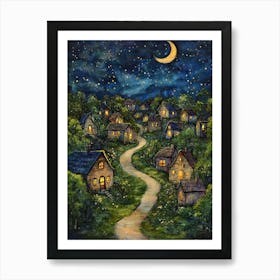 Village At Night With Stars and Moon In The Sky 10 Art Print