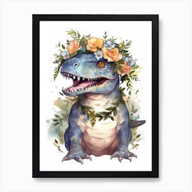 Tyrannosaurus Rex With A Crown Of Flowers Cute Dinosaur Watercolour 3 Art Print