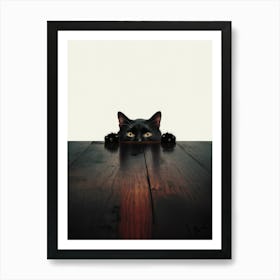 Black Cat Peeking Over Table Art Print