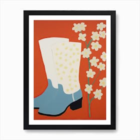 A Painting Of Cowboy Boots With White Flowers, Pop Art Style 5 Art Print