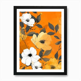 Floral Pattern On Orange Background Art Print