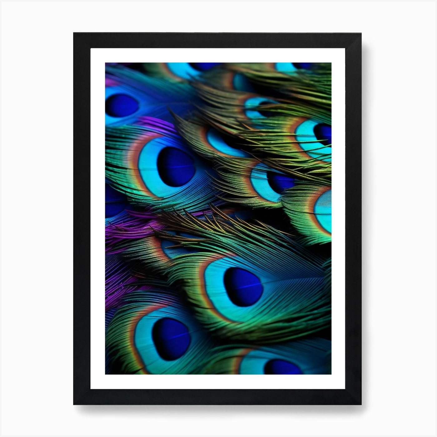 Vivid Peacock Feathers II | Large Stretched Canvas, Black Floating Frame Wall Art Print | Great Big Canvas