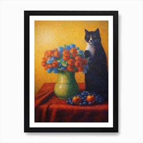 Delphinium With A Cat 2 Pointillism Style Art Print