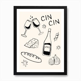 Cheese and Wine in Black and White Art Print