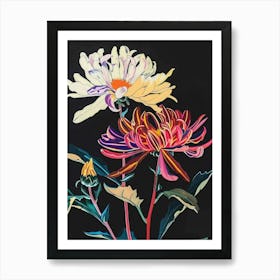 Neon Flowers On Black Chrysanthemum 2 Art Print