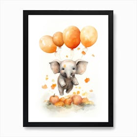 Elephant Flying With Autumn Fall Pumpkins And Balloons Watercolour Nursery 4 Art Print