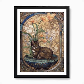 Lotus With A Cat 3 Art Nouveau Style Art Print