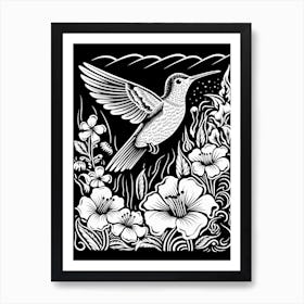 B&W Bird Linocut Hummingbird 7 Art Print