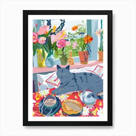 Tea Time With A Russian Blue Cat 1 Art Print