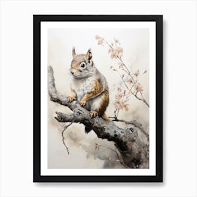 Squirrel, Japanese Brush Painting, Ukiyo E, Minimal 4 Art Print