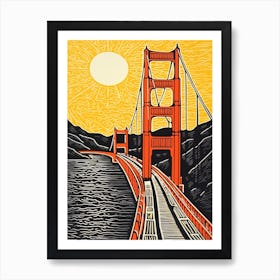 Golden Gate San Francisco Linocut Illustration Style 2 Affiche