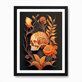 Skull With Intricate Linework 2 Orange Botanical Art Print