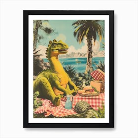 Dinosaur Having A Picnic Retro Collage 1 Art Print