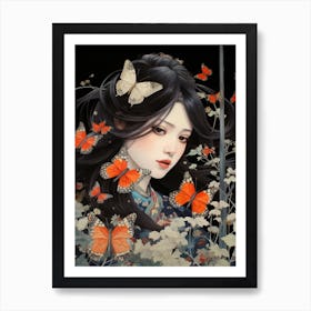 Girl With Orange Butterflies Art Print