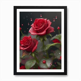 Red Roses At Rainy With Water Droplets Vertical Composition 94 Art Print