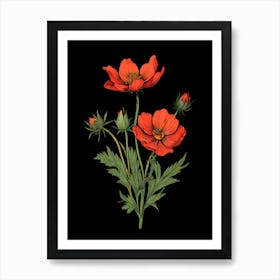 Red Poppies On Black Background Art Print